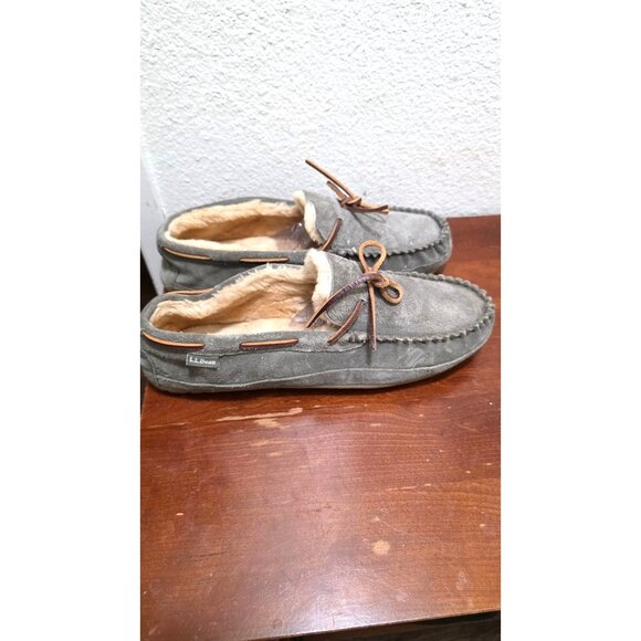 L.L. Bean Men's Suede Moccasin Slippers Faux Shearling Lining Size 13 Gray - Picture 3 of 8